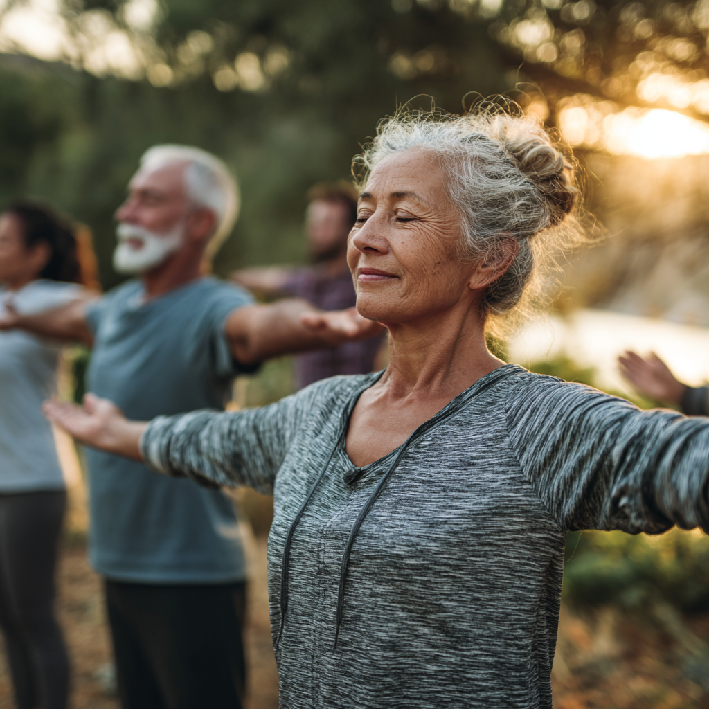 Middle-aged adults practicing gentle movement exercises in natural outdoor setting
