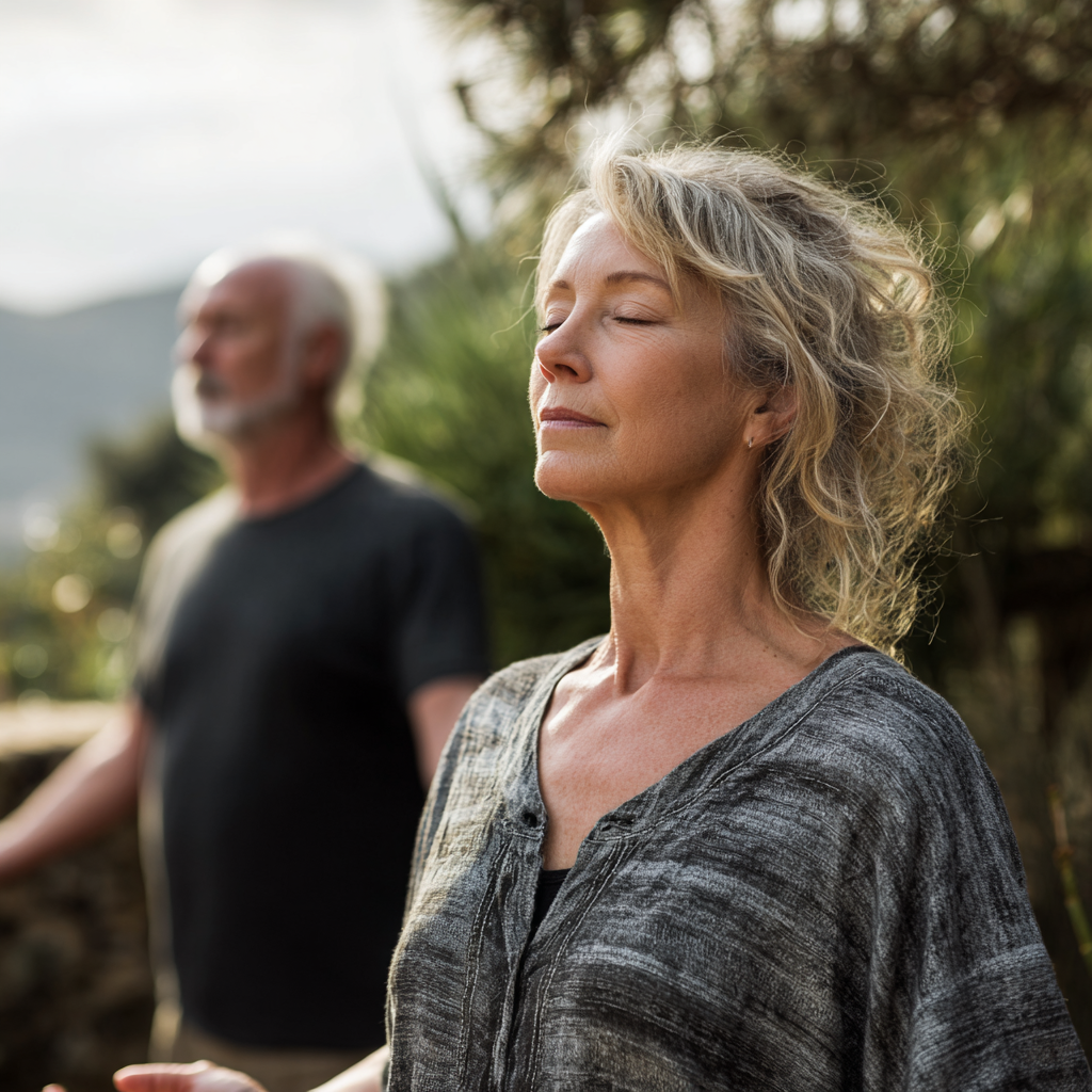Middle-aged and older adults practicing mindful movement in serene natural setting