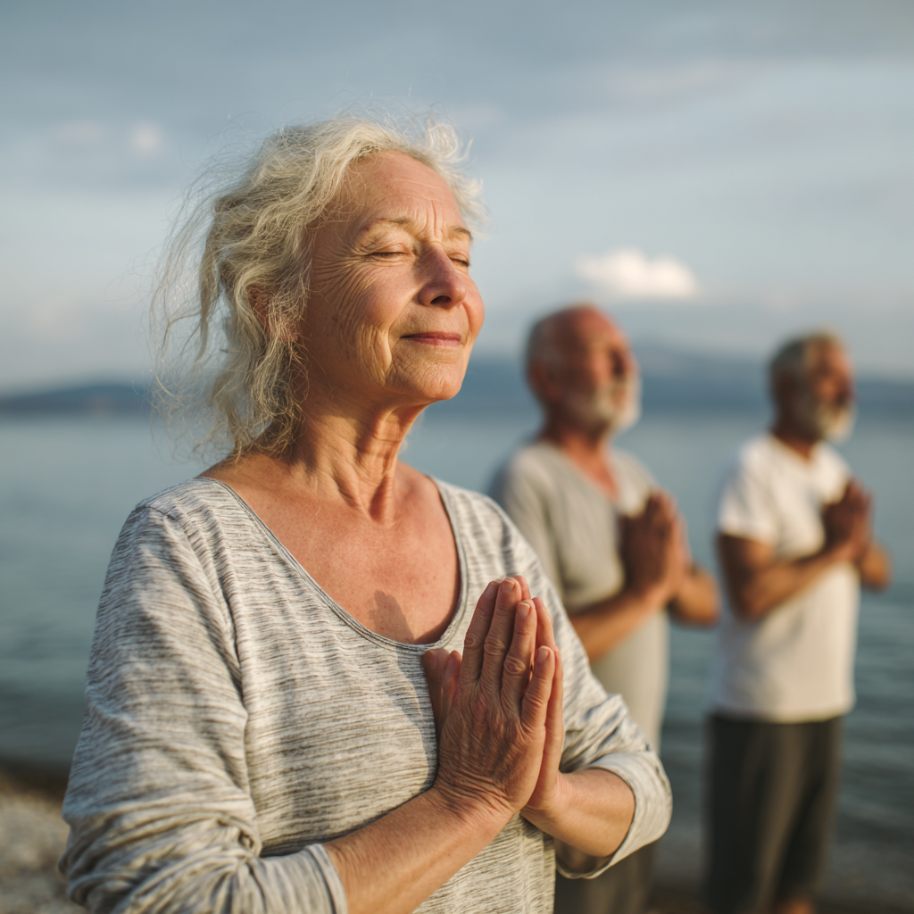 Older adults engaging in mindful movement therapy in peaceful environment